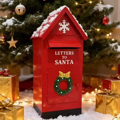 Produktbild von Zimilo Weihnachtsbriefkasten aus Metall in Rot, Nostalgie Briefkasten mit Schneeflocke & Kranz, Dekoration für Garten, Terrasse und Zuhause, 40x18cm