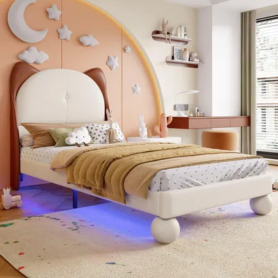 Image de MODFU Lit Enfant 90x200 cm – Design Chat avec LED – Sans Matelas – Beige