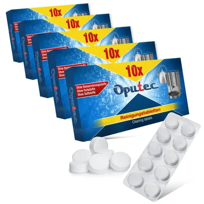 Produktbild von Oputec 50 Stück Reinigungstabletten für Kaffeevollautomaten Kaffeemaschinen Espressomaschinen: 5 x 10 Stück Entfetter-Tabletten á 2g mit hygienischer Einzelentnahme - Kompatibel zu Jura, Siemens, Saeco u.v.m.