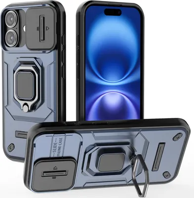 Image de Étui pour iPhone 16 étui double couche avec protection coulissante de l'appareil photo et support d'anneau, stand bleu