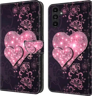 Produktbild von CLM-Tech Hülle kompatibel mit Samsung Galaxy A14 5G - Tasche aus Kunstleder - Klapphülle mit Ständer und Kartenfächern, schwarz - rosa Herzen
