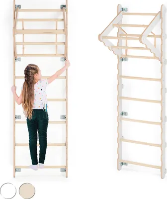 A young girl is climbing on a wooden wall-mounted gym.