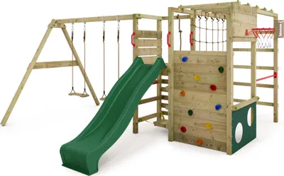 Image de Structure d'escalade Fatmoose ActionArena Air XXL avec balançoire double et toboggan, couleur verte