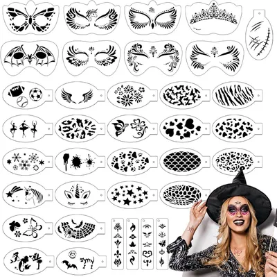 Productafbeelding van 36 Stencils voor Kinderen, Creatieve Gezichts- en Lichaamstatoeages, Diverse Maten, Voor Feesten en Halloween