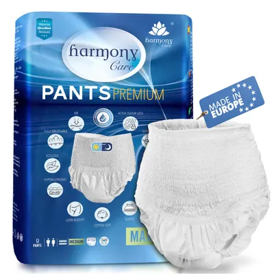 A package of Harmony Care adult incontinence pants, with a product sample shown next to it.