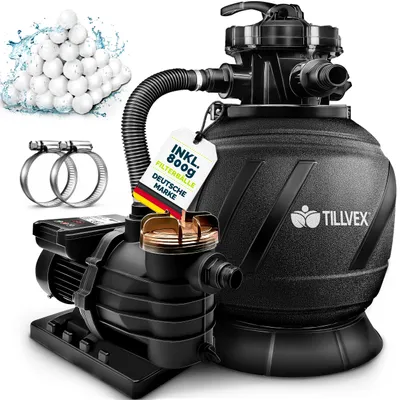Immagine prodotto di Impianto di filtrazione a sabbia Tillvex per piscina con timer 10 m³/h, incl. 800 g di sfere filtranti AquaBlack Pro | Impianto di filtrazione con valvola a 7 vie e adattatore 2 in 1 Ø 32 mm - 38 mm | Filtro per piscina con manometro | Filtro a sabbia per piscine