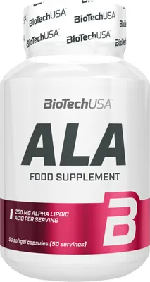 Obrázek produktu pro BioTech USA ALA 50 kapsl / Antioxidanty a prodn vtaky / 250 mg kyseliny alfa-lipoov v elatinovch kapslch