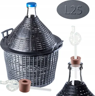 Obrázok produktu pre Sada sklenených karbošov KADAX "Alatri", fermentačný karboš s plastovým košom a fermentačným príslušenstvom, gumová zátka, sklenená fermentačná trubica, fľaša, 25 litrov