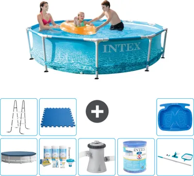 Produktbild von Intex-Schwimmbecken mit rundem Rahmen – 305 x 76 cm – Wasserdruck – im Lieferumfang enthalten Abdeckung - Wartungspaket - Filterpumpe für Schwimmbad - Filter - Reinigungskit - Leiter