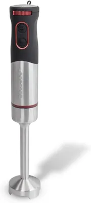 A studio product shot of a silver and black immersion blender with red accents, standing upright against a white background.