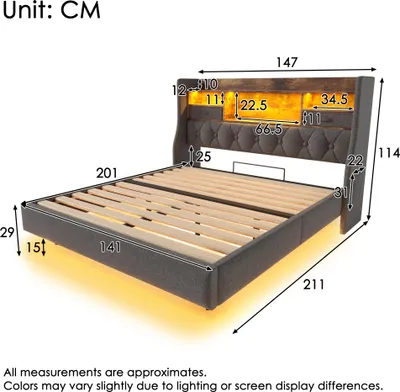 Produktbild von Polsterbett 140 x 200 cm Schwebebett mit LED, Kopfteil, Ladestation, 1 Type-C, 3 USB, Stauraum-Kopfteil, Leinen, Grau