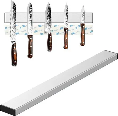 Produktbild von Unyqoos® Magnetische Messerleiste 30 cm, selbstklebend, gebürsteter Edelstahl, rostfrei & wasserfest, starke Magnetkraft – Wandhalter ohne Bohren für Küchenmesser, Scheren & Metallwerkzeug