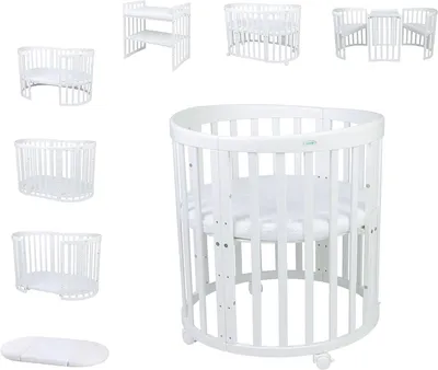 Produktbild von Ovales Babybett 7in1 mit Matratze, Rollen und Regal in Weiß | Ohne Stoffset, mitwachsendes Beistellbett aus Holz, Wiege optional