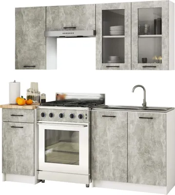 Produktbild von Küchenzeile 180cm mit Vitrine H720 Arbeitsplatte 7 Türen 1 Schublade 5 Einheiten