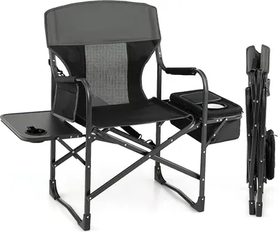 Produktbild von GOPLUS Campingstuhl Faltbar, Klappstuhl Gepolstert mit Seitentisch & Seitenfach & Kühltasche, Angelstuhl Faltstuhl mit Armlehnen 180 belastbar (Schwarz)
