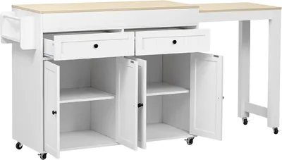 Produktbild von Kücheninsel auf Rollen, Ausziehbarer Essbereich mit Arbeitsplatte und Schubladen, Mobile Kücheninsel freistehend, Ideal für Küche und Esszimmer (Weiß+Natur)