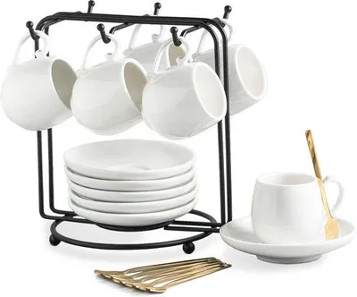 Obrázek produktu pro Sada 6 kávových šálků s podšálky Famanu – objem 3 uncí, porcelán s kovovým stojanem a lžičkami