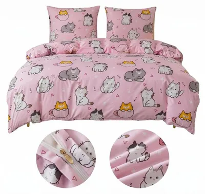 Obrázek produktu pro Kompletní sada povlečení, růžová, s motivem koček, rozměr 160x200 cm, obsahuje 2 povlaky na polštáře o rozměru 70x80 cm