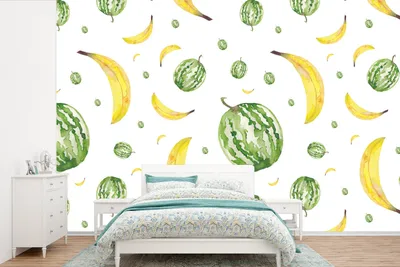 Produktbild von MuchoWow® Fototapete für Wohnzimmer oder Schlafzimmer Wandtapete Vinyl Motivtapete Bananen - Melonen - Schablonen - 360x240 cm - Vinyl-Tapete