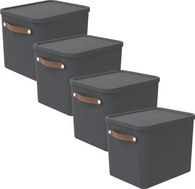 Four gray storage boxes with brown handles are arranged diagonally on a white background.
