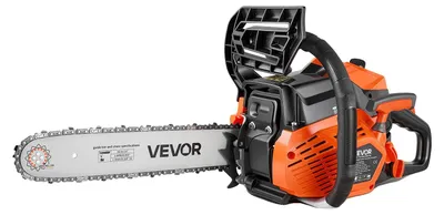 Productafbeelding van VEVOR benzinegestuurde kettingzaag, modellen 508 & 558,8 mm, 62cc, 2,7kW, 2-takt motor, geschikt voor het zagen van hout, het snoeien van bomen en het vrijmaken van oppervlakken. Uitgerust met een gassynchroniseerde choke, een krachtige kettingzaag met antisliphandgreep en dubbele brandstofcontainers