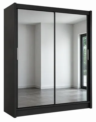 Produktbild von Schwebetürenschrank PARIS 160 cm mit Spiegel – Kleiderschrank modern, kompakter Schlafzimmer Schrank (Schwarz)