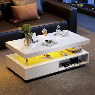 Obrázok produktu pre Bielý lesklý konferenčný stolík s rozmermi 95 x 50 x 42,5 cm, vybavený 4 sklenenými doskami, 2 zásuvkami a LED osvetlením