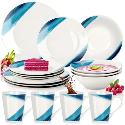 Image de Service de table en porcelaine, blanc et bleu, 16 pièces