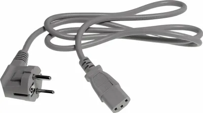 A gray power cord with European and C13 connectors on a white background.