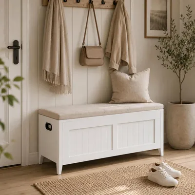 Immagine prodotto di Panca con spazio contenitore, 100 cm, bianca, con gambe in legno, stile rustico