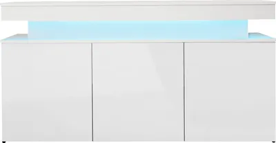 Produktbild von MIRJAN24 Kommode 3D 160 Glossa, Highboard mit drei Drehtüren, Sideboard mit blauer LED-Beleuchtung (Farbe: Weiß / Weiß Hochglanz)