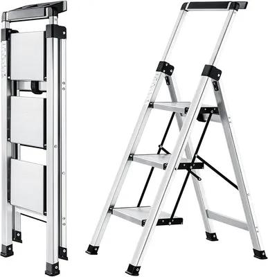 Imagen del producto de Escalera plegable Silecomplaza, modelo Trittleiter, con 3 peldaños. Escalera de aluminio con barandilla extensible