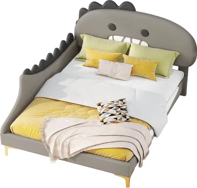 Produktbild von 140*200cm Kinderbett, Cartoon Dinosaurier Form, Flachbett, PolyurethanMaterial, Grau