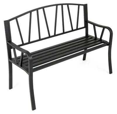 Obrázok produktu pre Kovová záhradná lavička KOMFOTTEU, vonkajšia lavička s ergonomickou opierkou a zakrivenými podrúčkami, nosnosť do 300 kg, lavička s mriežkou pre 2-3 osoby, vhodná do záhrady, na dvor a terasu, čierna farba