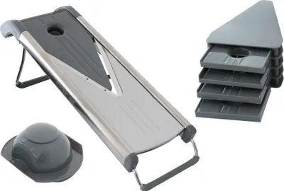 A kitchen mandoline slicer with accessories on a white background.