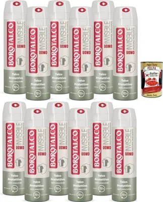 Produktbild von Borotalco, Deodorant Man Spray Invisibile, Alkoholfreie Formel mit schützendem Talkum, Anti-Flecken, Moschusduft, 72h Wirksamkeit – 12x 150 ml + Italian Gourmet polpa 400g