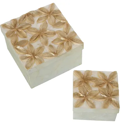 2er-Set quadratische Perlmutt-Dosen mit Blumenrelief, 13x13x8 & 9x9x6 cm