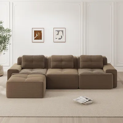 Produktbild von Modulsofa Boneless L-förmiges Sofa, Modulares Sofa mit Ottoman, Cloud-Sofa, 3-Sitzer Corduroy-Cloud-Sofa für Wohnzimmer, Montagefreies Sofa, braun