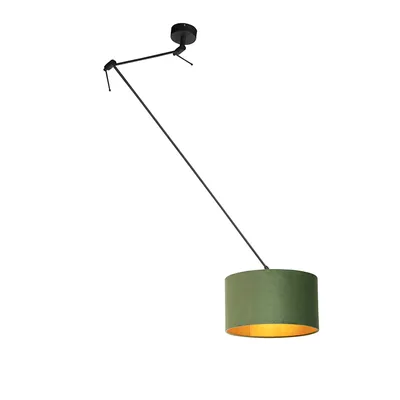 Zdjęcie produktu dla QAZQA – Dom wiejski I Vintage I Rustykalna lampa wisząca I Lampa wisząca I Lampa wisząca z welurowym kloszem zielonym ze złotem I Mosiądz 35 cm – Blitz I czarny I Salon I Sypialnia – Tekstylny cylinder I Podłużny
