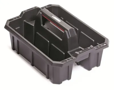 A black plastic tool caddy with a central handle, shown from a slightly elevated diagonal angle against a white background.