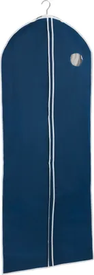 A dark blue garment bag with white trim and a clear window on a white background.