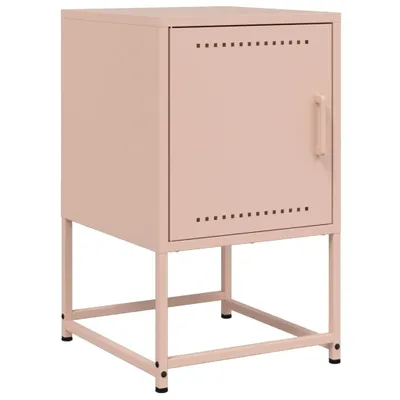 A pink metal cabinet with a single door and a metal frame stand, photographed against a white background.