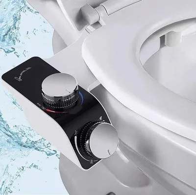Immagine prodotto di Vaschetta per WC, soffione per bidet, soffione per bidet autopulente con doppio ugello per acqua calda e fredda, non elettrico, con regolatore di pressione.