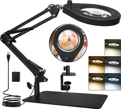 Productafbeelding van Unyqoos® LED-loep met glazen lens van 105 mm – 2,25x lineaire vergroting / 5x ruimtelijke vergroting, dimbaar, 72 SMD-LED's, 10 helderheidsniveaus, verstelbare scharnierarm en sterke klem