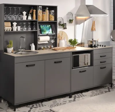 Produktbild von Parisot Küche "Moove" grau und Eiche, Küchenzeile Set 3-tlg. mit Theke und Regal
