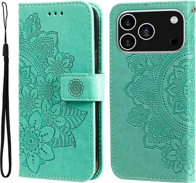 Produktbild von Mobigear Flowers iPhone 17 Pro Hülle Klapphülle Geldbörse - Grün