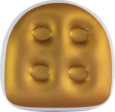 A top-down view of a gold inflatable seat cushion with four suction cups.