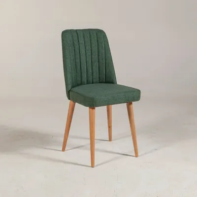 A green upholstered chair with wooden legs is shown against a plain white background.