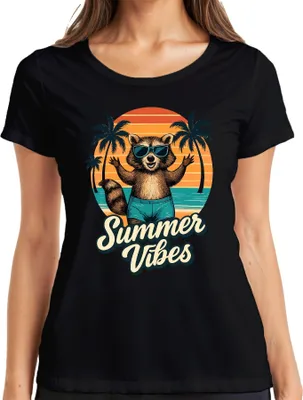 Immagine prodotto di Summer Vibes Raccoon Sunglasses Beach Palm Trees Retro Vintage Ladies T-Shirt, Nero, S