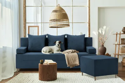 Zdjęcie produktu dla Kanapa z pufą 3w1 FIREZE- Sofa z funkcją spania - Sofa rozkładana z Pojemnikiem - granatowa, niebieska